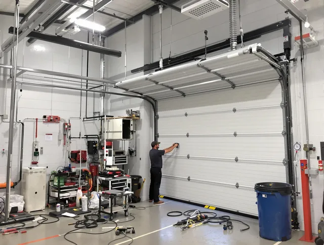 Wilmington Garage Door Repair certified technician performing commercial door repair at a Wilmington business facility