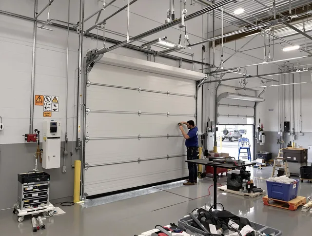 Commercial garage door repair being performed by Wilmington Garage Door Repair expert in Wilmington