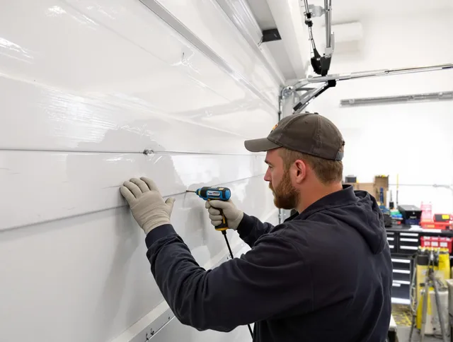 Wilmington Garage Door Repair technician demonstrating precision dent removal techniques on a Wilmington garage door