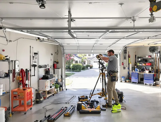 Wilmington Garage Door Repair specialist performing laser-guided track alignment in Wilmington